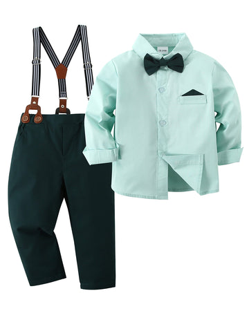 Disaur Matching Family Outfits Long Sleeve Green Dress Shirt Bow Tie Suspender Black Pants Boys Church Outfit 4T 5T 4-5T