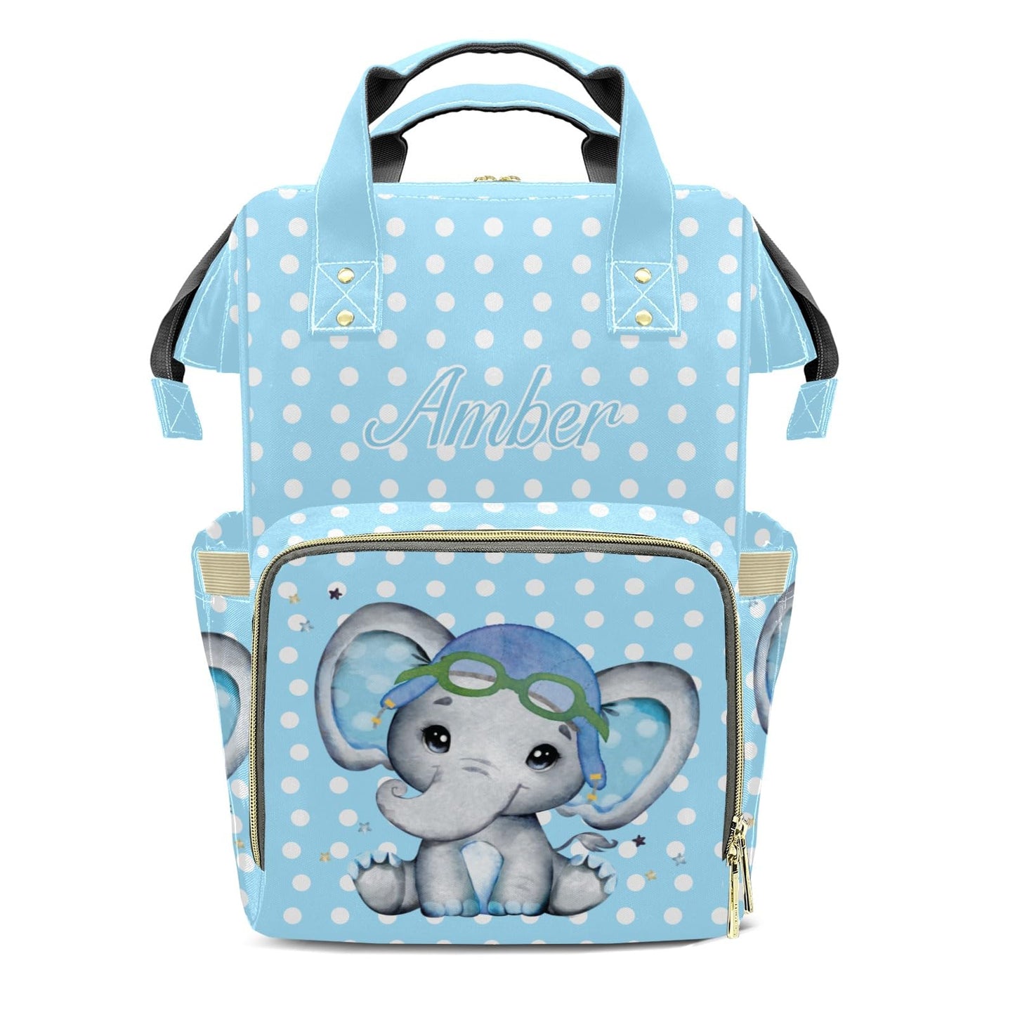 XOZOTY Elephant Wave Point Blue Diaper Bags Backpack with Name Personalized Baby Bag Nursing Nappy Bag Gifts for Mom Girl