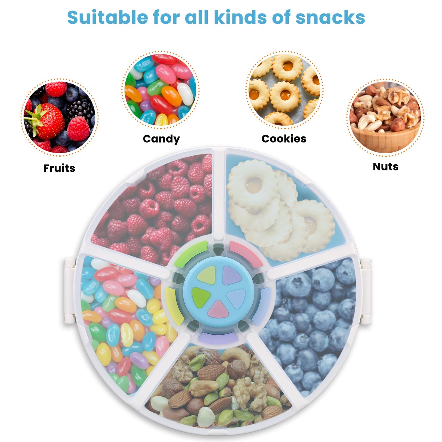 Pawtong Kids Snack Spinner Container Reusable Snack Box With 5 Compartment Dispenser And Lid, Color Matching Opening Lid, Bpa An