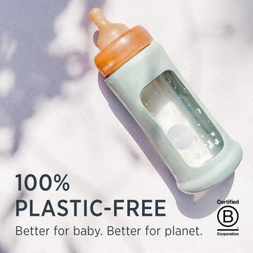Hevea Plastic-Free Wide Neck Glass Baby Bottle With Sand Sleeve - Medium Flow Anti Colic Baby Bottles 3-24 Months - Bpa-Free, Si