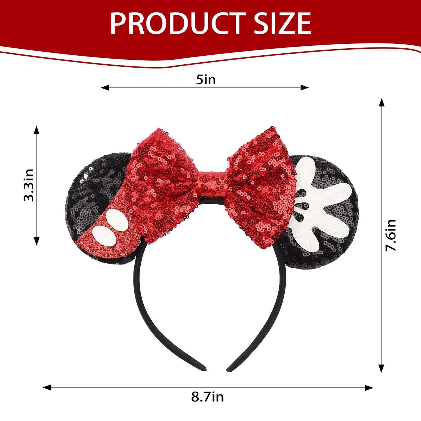 Razko Minnie Ears Headband, Sparkle Black Mickey Ears Headband With Bow,Park Ears Headband,Princess Decoration Cosplay Costume F