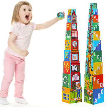beeqoo Animal Sorting and Stacking Blocks - Educational ABC & Numbers Toy for Babies and Toddlers - Montessori Learning Tower -1