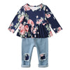 Caretoo Girls Clothes Outfits, Cute Baby Girl Floral Long Sleeve Pant Set Flower Ruffle Top Dark Blue