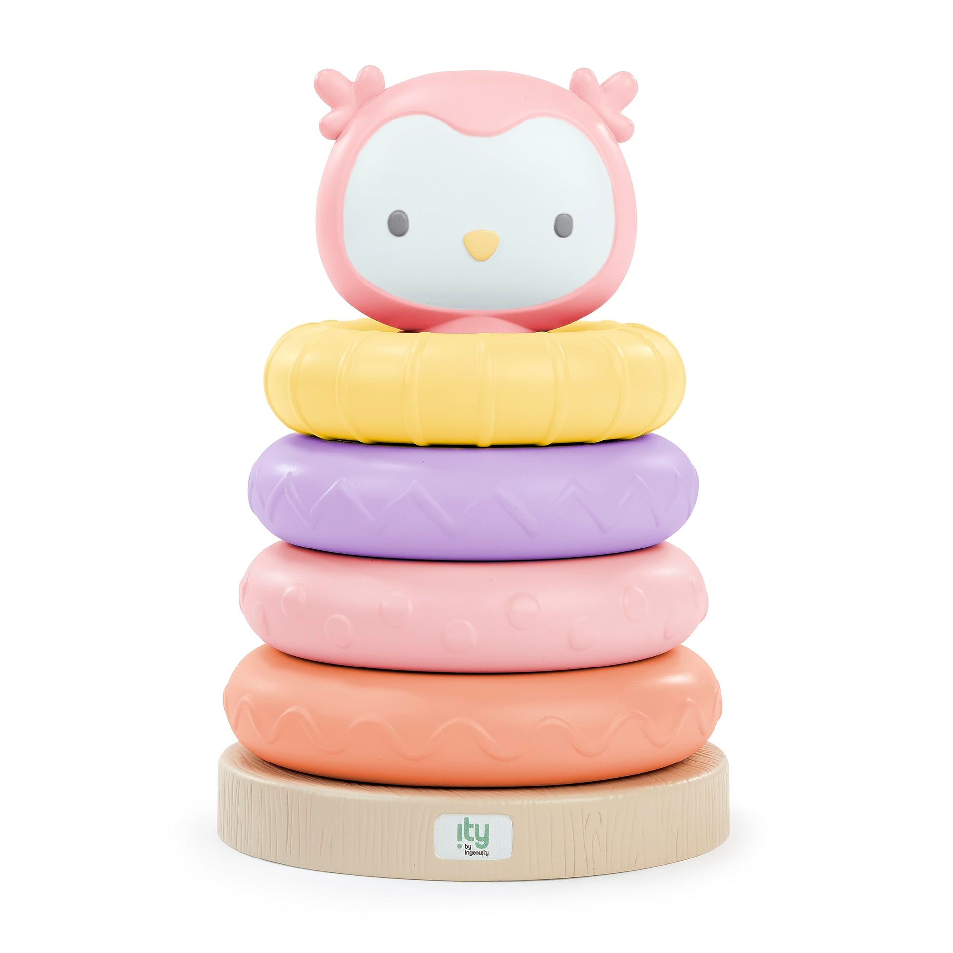 Ingenuity: ity by Ingenuity Cutie Stacks - Baby Stacking Rings Toy, 4 BPA-Free Rings, Faux Wood Stand, Owl Topper, Ages 6+ Month