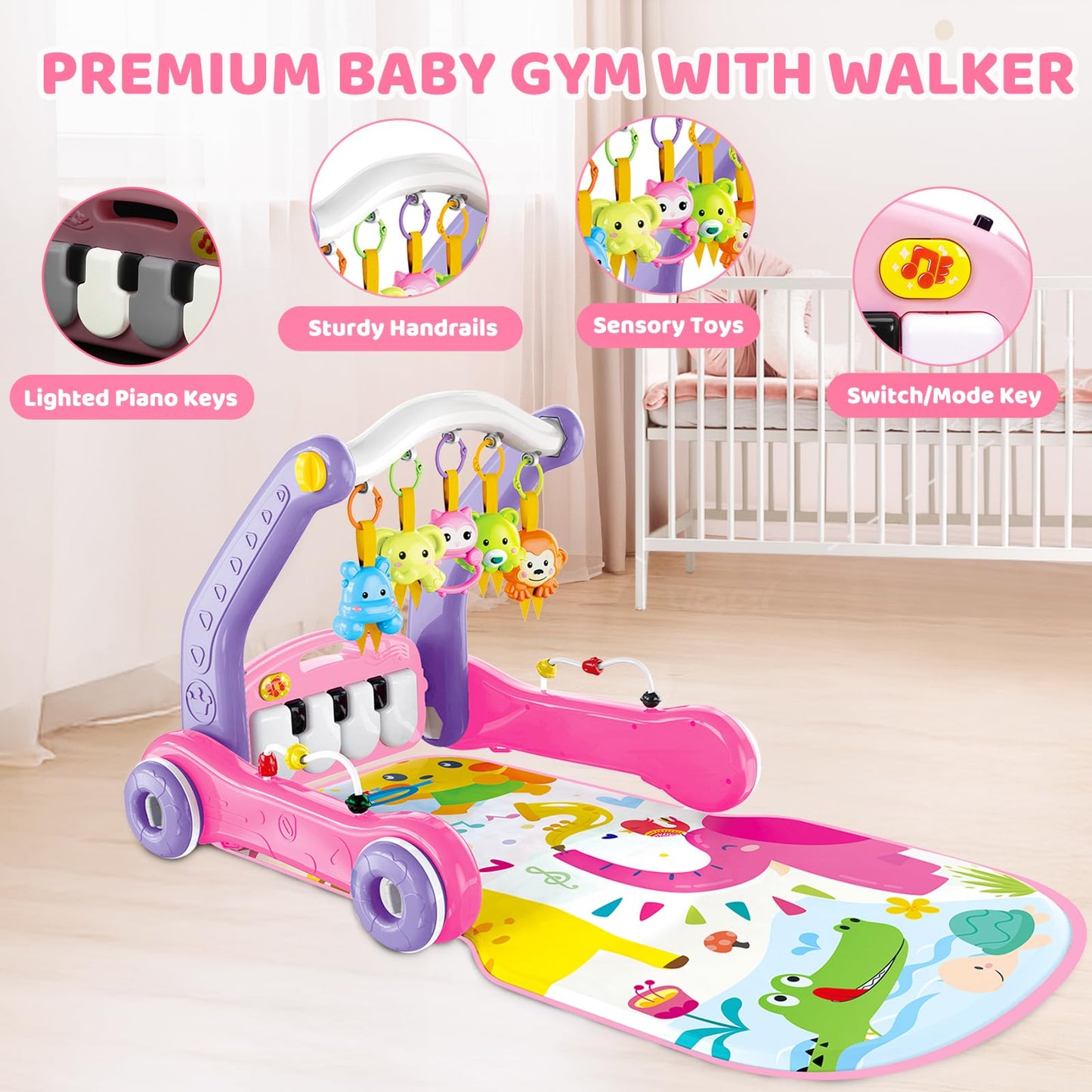 4-In-1 Baby Gym Play Mat With Learning Walker, Tummy Time Mat & Baby Push Toys For Newborn Infant 0-3-6-9-12 Month Boy Girl, Bab