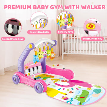 4-In-1 Baby Gym Play Mat With Learning Walker, Tummy Time Mat & Baby Push Toys For Newborn Infant 0-3-6-9-12 Month Boy Girl, Bab