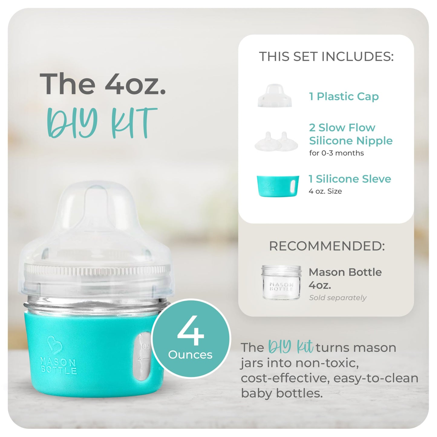 4 Oz. Mason Bottle Diy Kit: Bpa-Free Glass Baby Bottles You Can Diy Using Mason Jars From Home, Made In The Usa.