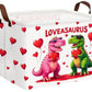 BOOHIT Valentines Day Basket for Kids Heart Shaped Empty Storage Bins for Gifts with Handles Room Decor (Pink Green Dinosaur Lov