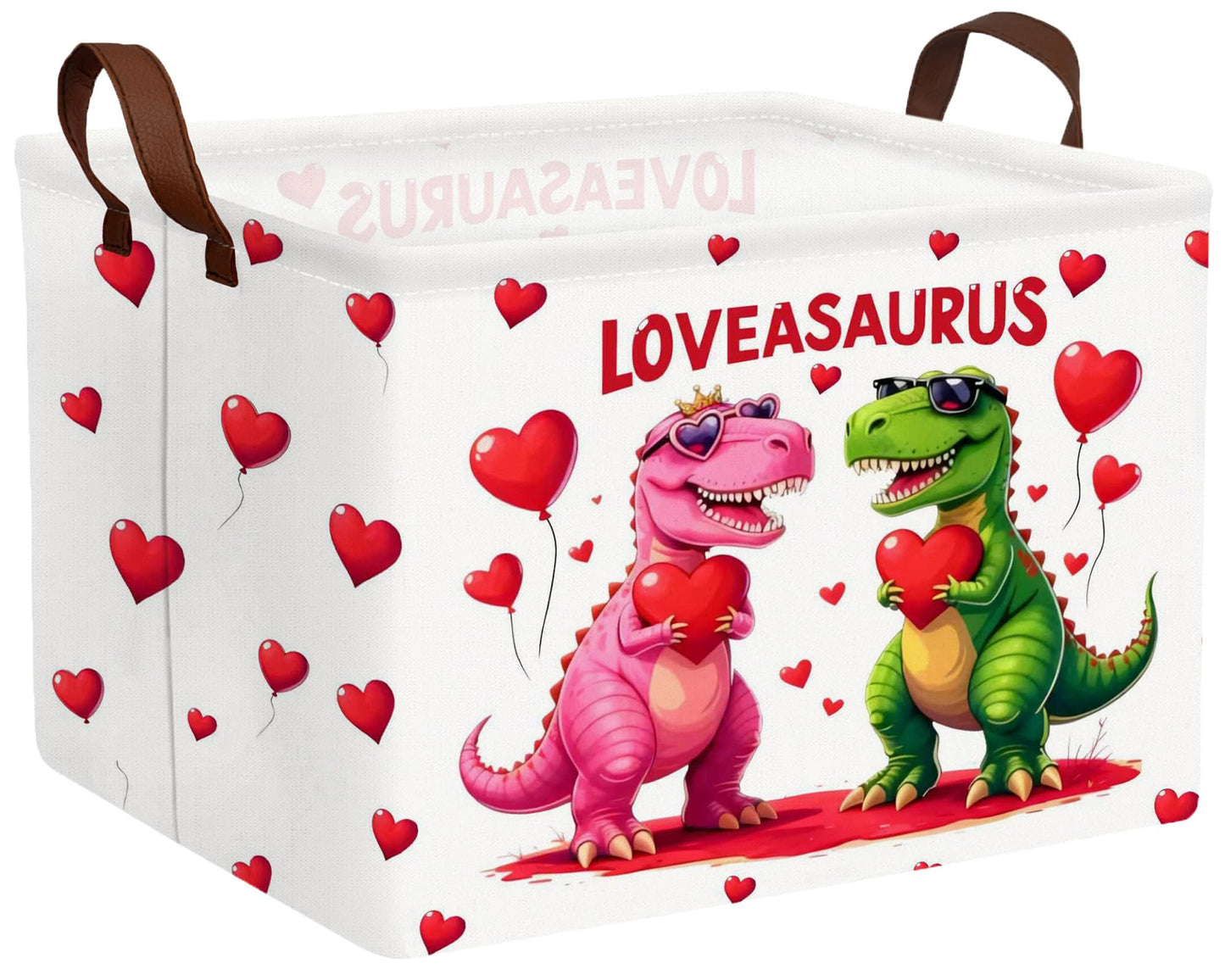 BOOHIT Valentines Day Basket for Kids Heart Shaped Empty Storage Bins for Gifts with Handles Room Decor (Pink Green Dinosaur Lov