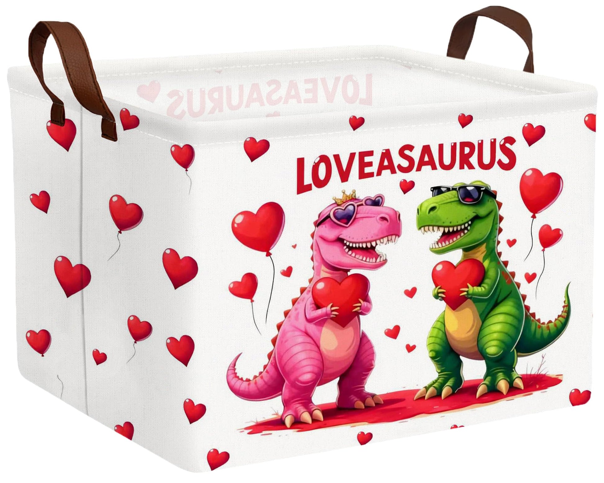 BOOHIT Valentines Day Basket for Kids Heart Shaped Empty Storage Bins for Gifts with Handles Room Decor (Pink Green Dinosaur Lov
