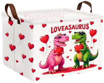 BOOHIT Valentines Day Basket for Kids Heart Shaped Empty Storage Bins for Gifts with Handles Room Decor (Pink Green Dinosaur Lov