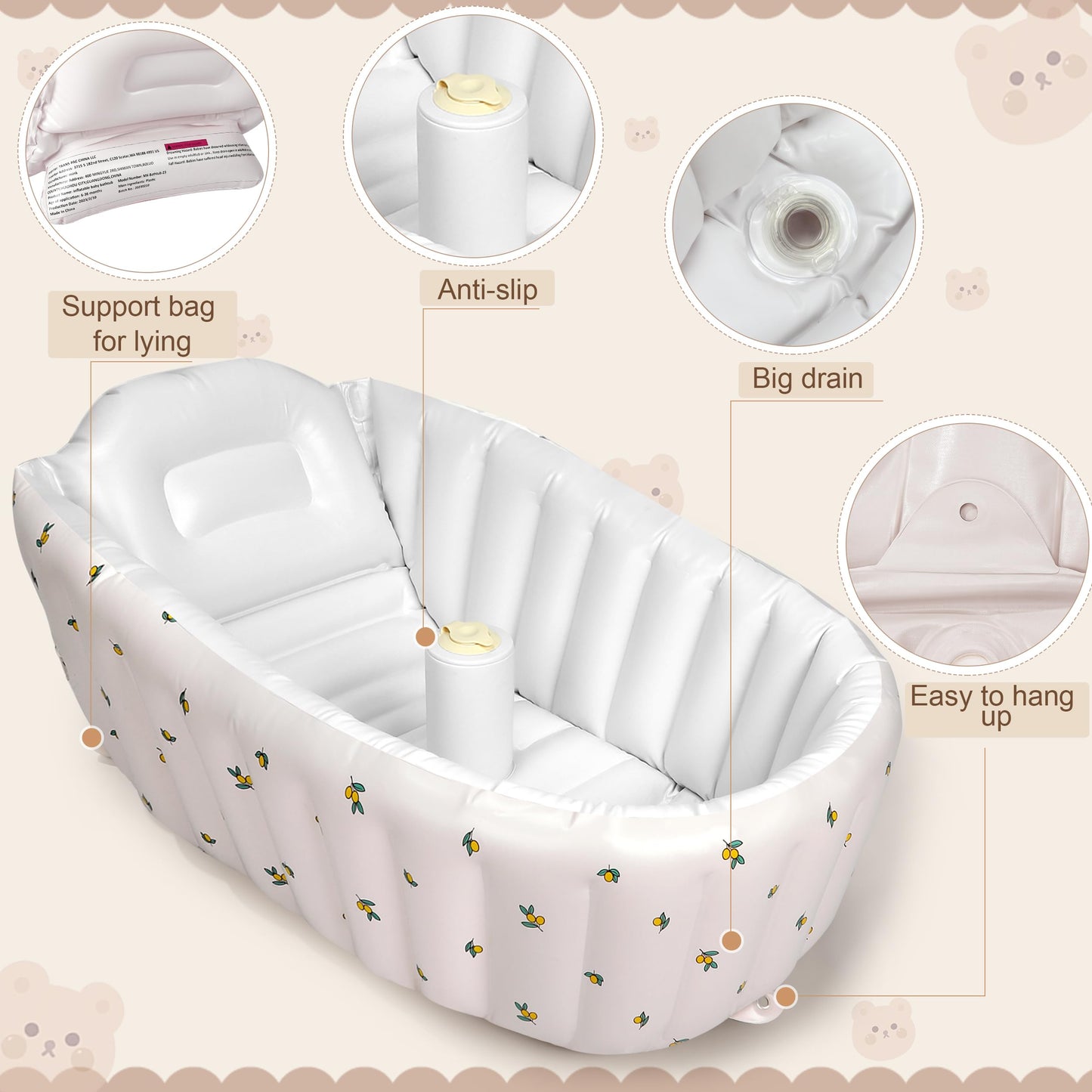 Mink Inflatable Baby Bathtub With Built-In Air Pump, Newborn To Toddler Bath Tub,Portable Travel Shower Basin With Back Support,
