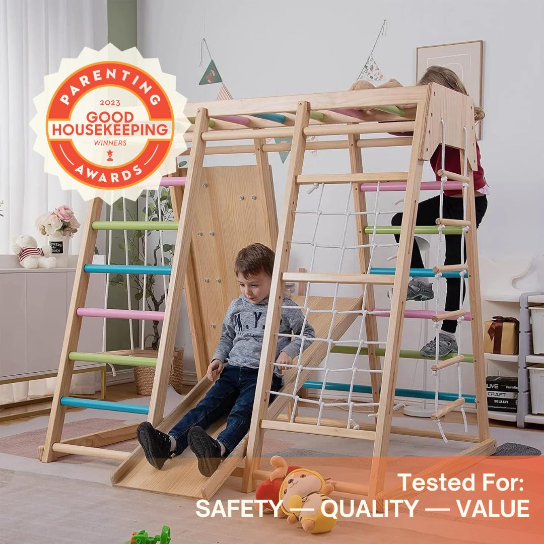 Avenlur Magnolia Indoor Playground 7-In-1 Jungle Gym Playset For Kids 2-6Yrs - Slide, Climbing Wall, Rope Wall Climber, Monkey B