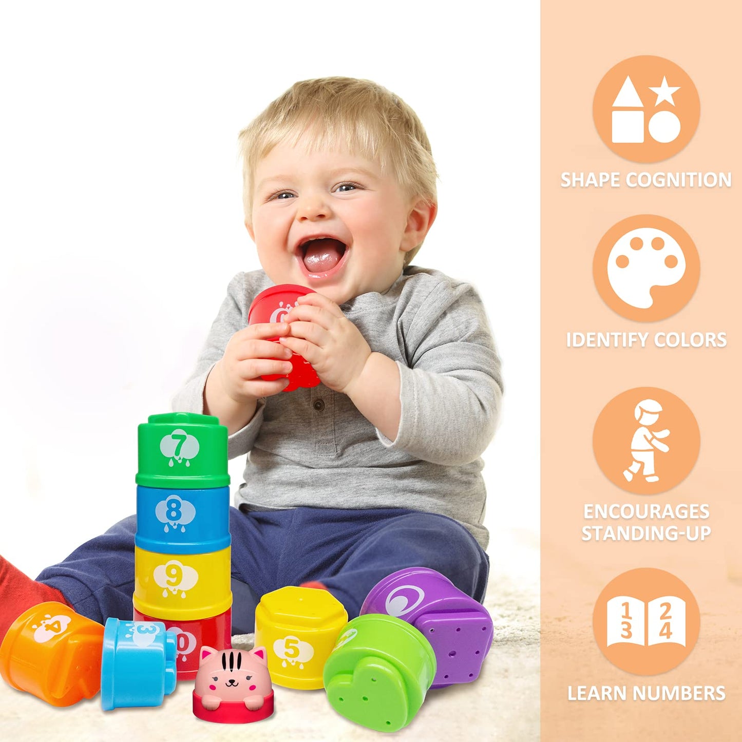MOONTOY Stacking Cups Baby Toys 6 10 12 18 Months, Montessori Toys for 1 Year Old Toddler Learning Toys with Numbers Shapes Patt