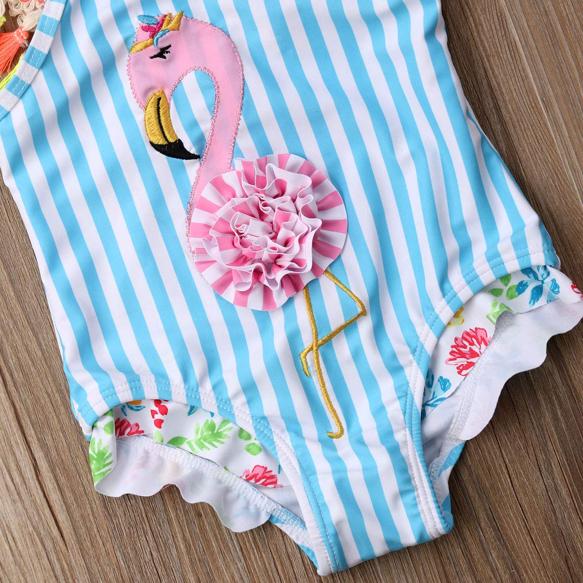 Kids Toddler Baby Girl One Piece Swimsuit Beach Wear Striped Flamingo Tassels Swimwear Bathing Suits 3-4 Years