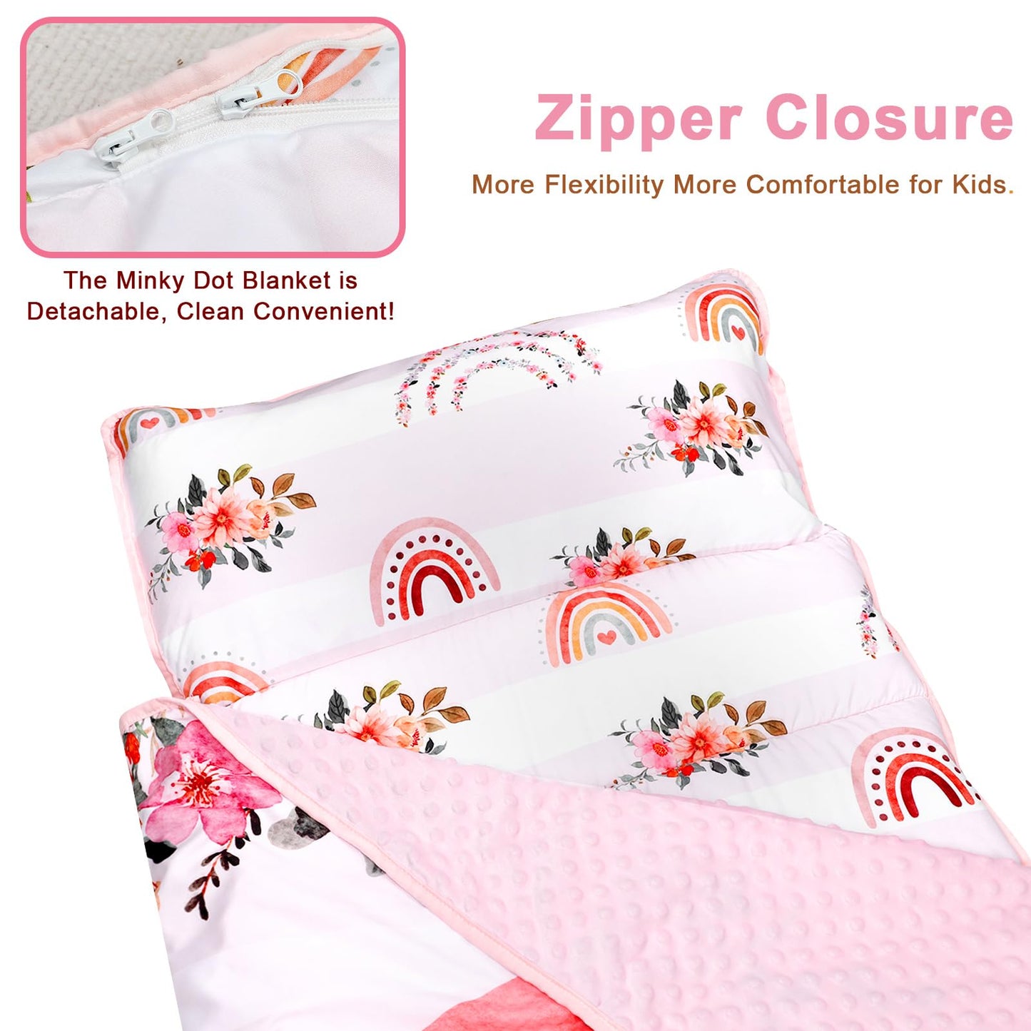 Toddler Nap Mat With Removable Pillow And Soft Dot Minky Blanket Pea Pod Kids Rainbow Floral Napping Mats Extra Large Rolled Slu