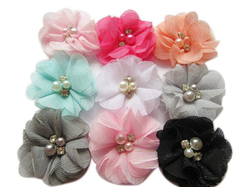 Yycraft 18 Pcs Glitter Chiffon Flower Rhinestone Pearl For Dress Sewing,Diy Hair Bows Craft And Party Decoration(Mix Colors,2')