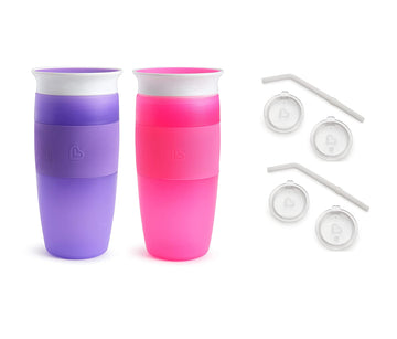 Munchkin 14Oz 2 Pack Miracle Cups With 2 Sipper And Straw Lid Set, Pink/Purple