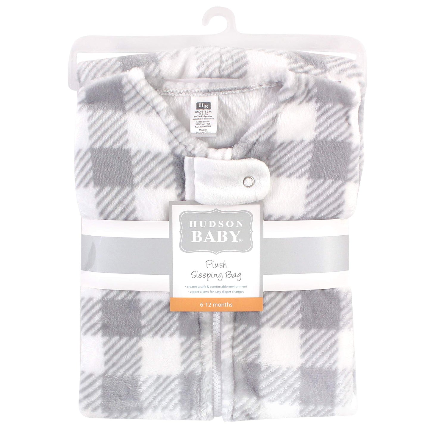 Hudson Baby Unisex Baby Plush Sleeping Bag, Sack, Blanket, Gray Plaid, 6-12 Months