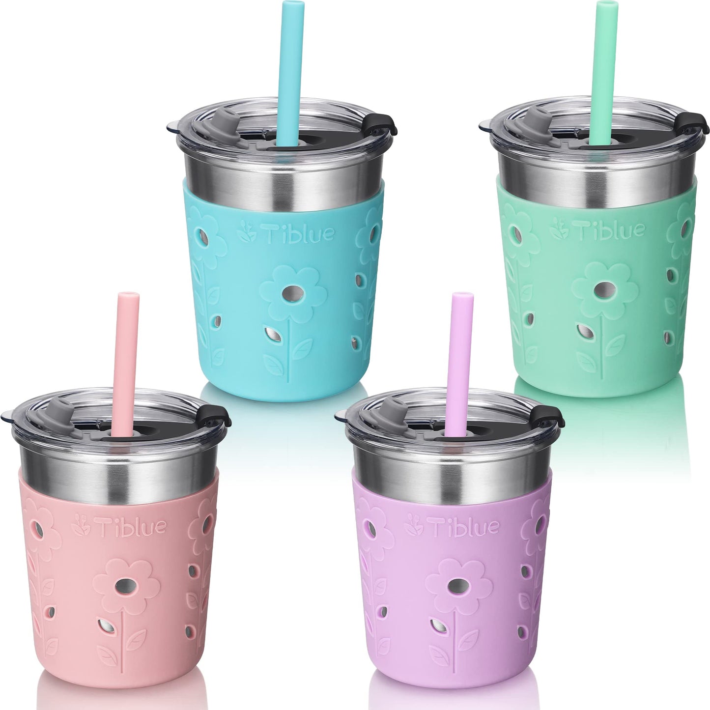 Tiblue Kids & Toddler Cups - Spill Proof Stainless Steel Smoothie Tumblers With Leak Proof Lids, Silicone Straw With Stopper & S