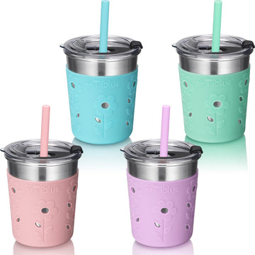 Tiblue Kids & Toddler Cups - Spill Proof Stainless Steel Smoothie Tumblers With Leak Proof Lids, Silicone Straw With Stopper & S