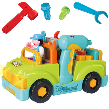 Toddler Tool Set Toy Trucks Kids Mechanic Workbench Take Apart Musical Toolbox with Electric Drill, Power Play Tools, Lights, Bu