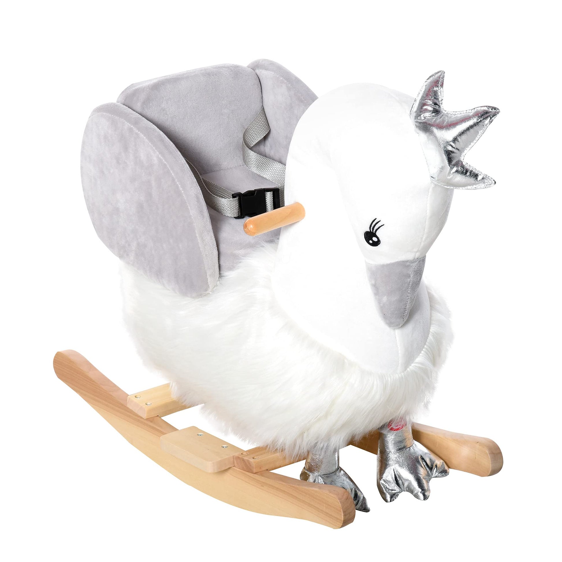 Qaba Rocking Horse, Kids Ride on Horse Swan Rocker with Sound, Plush Seat, Wooden Base, Safety Belt for Toddlers 18-36 Months, W