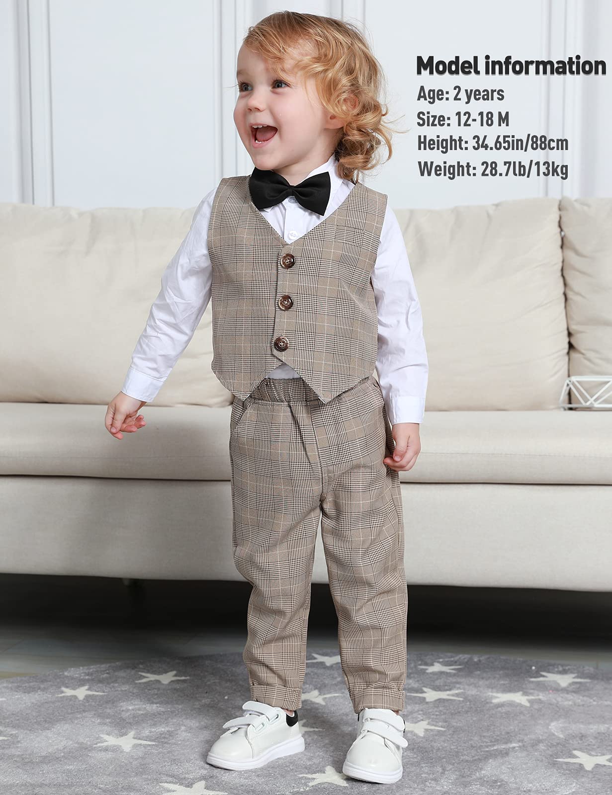 A&J Design Baby Suits For Boys Gentleman Wedding Formal Ring Bearer Plaid Outfit Dress Clothes Tuxedo Set Khaki 18-24 Months