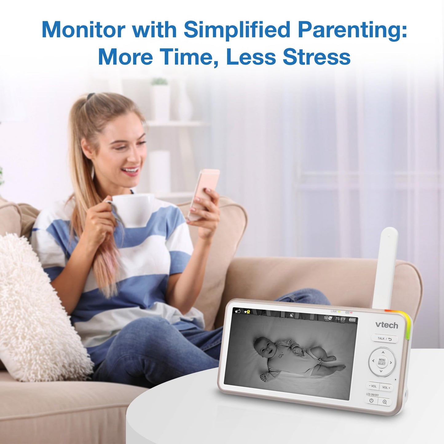 Vtech V-Care Vc2105 1080P Fhd Over-The Crib Mount Smart Baby Monitor 5    720P Lcd Screen,Table Stand,Remote Access,Versatile Pl