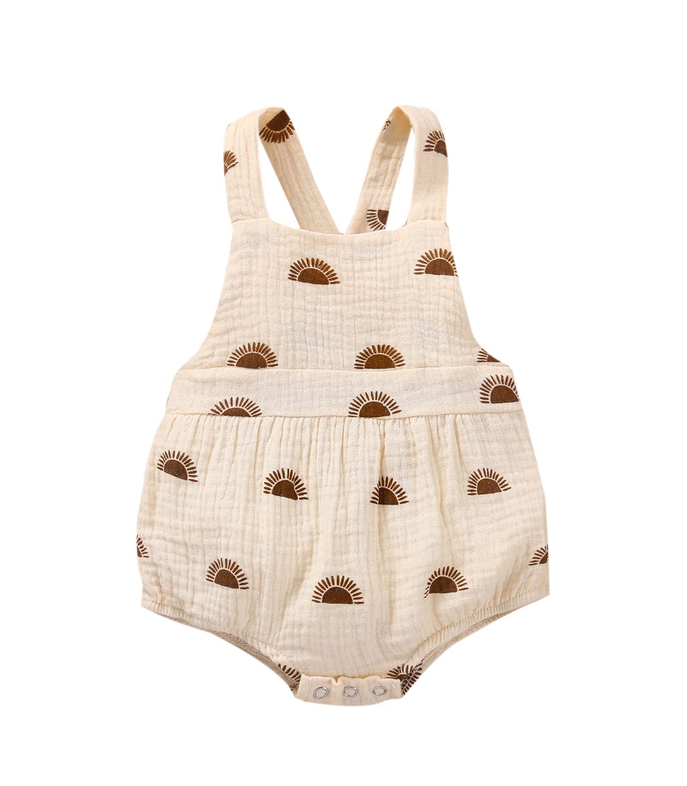 Newborn Girls Romper Jumpsuit Sun Print Sleeveless Cross Back Hairband One-Pieces Bodysuits (Beige, 18-24 Months, 24_Months)