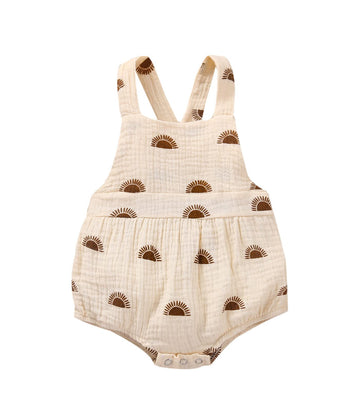 Newborn Girls Romper Jumpsuit Sun Print Sleeveless Cross Back Hairband One-Pieces Bodysuits (Beige, 18-24 Months, 24_Months)