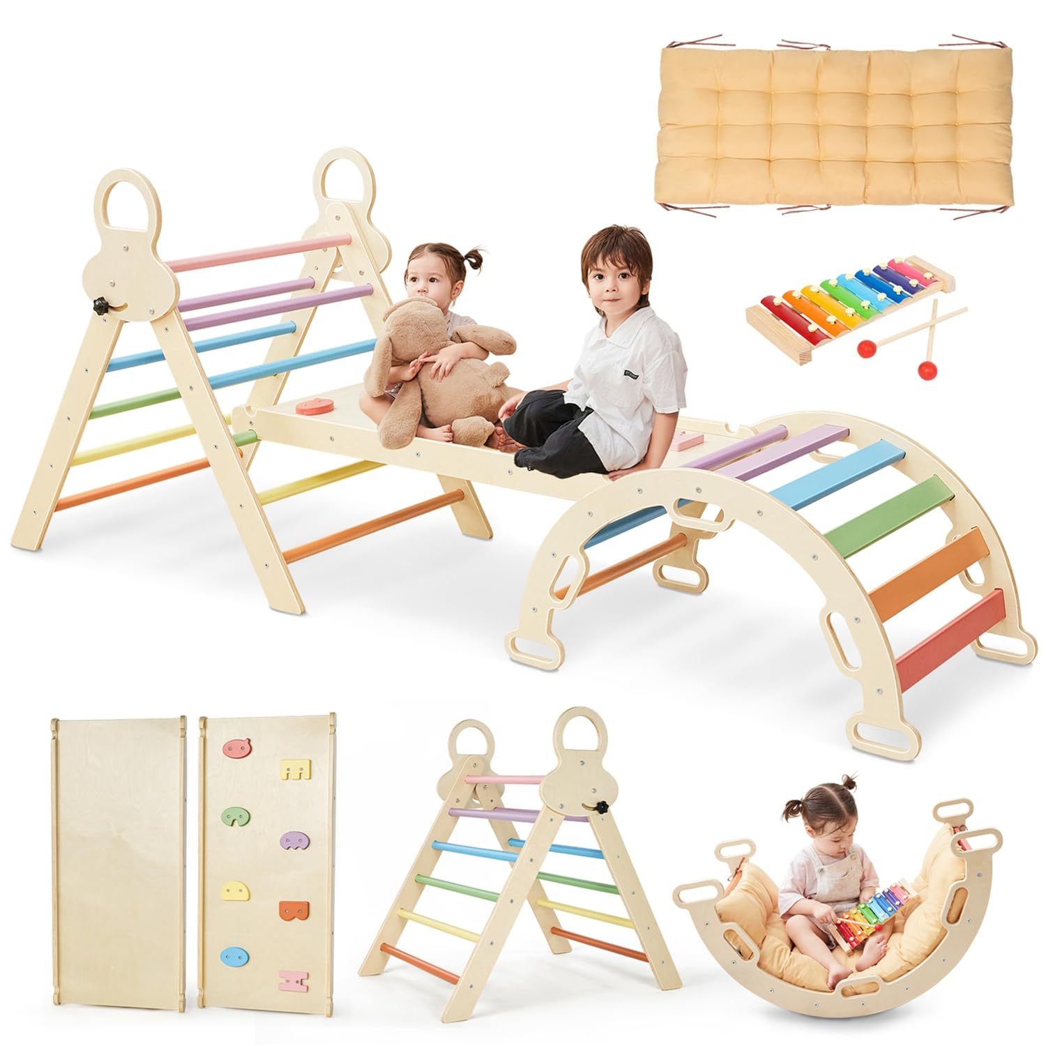 Pikler Triangle Set For Kids, 8 In 1 Colorful Montessori Large Climbing Toys For Toddlers 1-6 Inside With Ramp, Arch And Foldabl