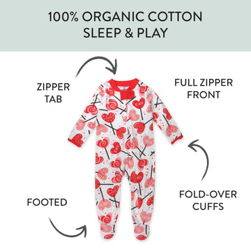 Honestbaby Sleep And Play Footed Pajamas One-Piece Sleeper Jumpsuit Zip-Front Pjs 100% Organic Cotton For Baby Girls, Lolly Love