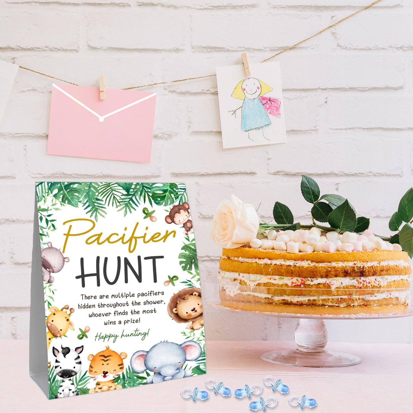 Guawubiang 51Pcs Cute Animals Decor Baby Shower Games, Include Baby Pacifier Hunt Sign And 50 Blue Mini Pacifiers, Mini Pacifier