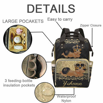 M Yescustom Personalized Baby Diaper Backpack, Vintage Golden Black Crown Prince Diaper Bag With Name, Waterproof Mommy Nursing
