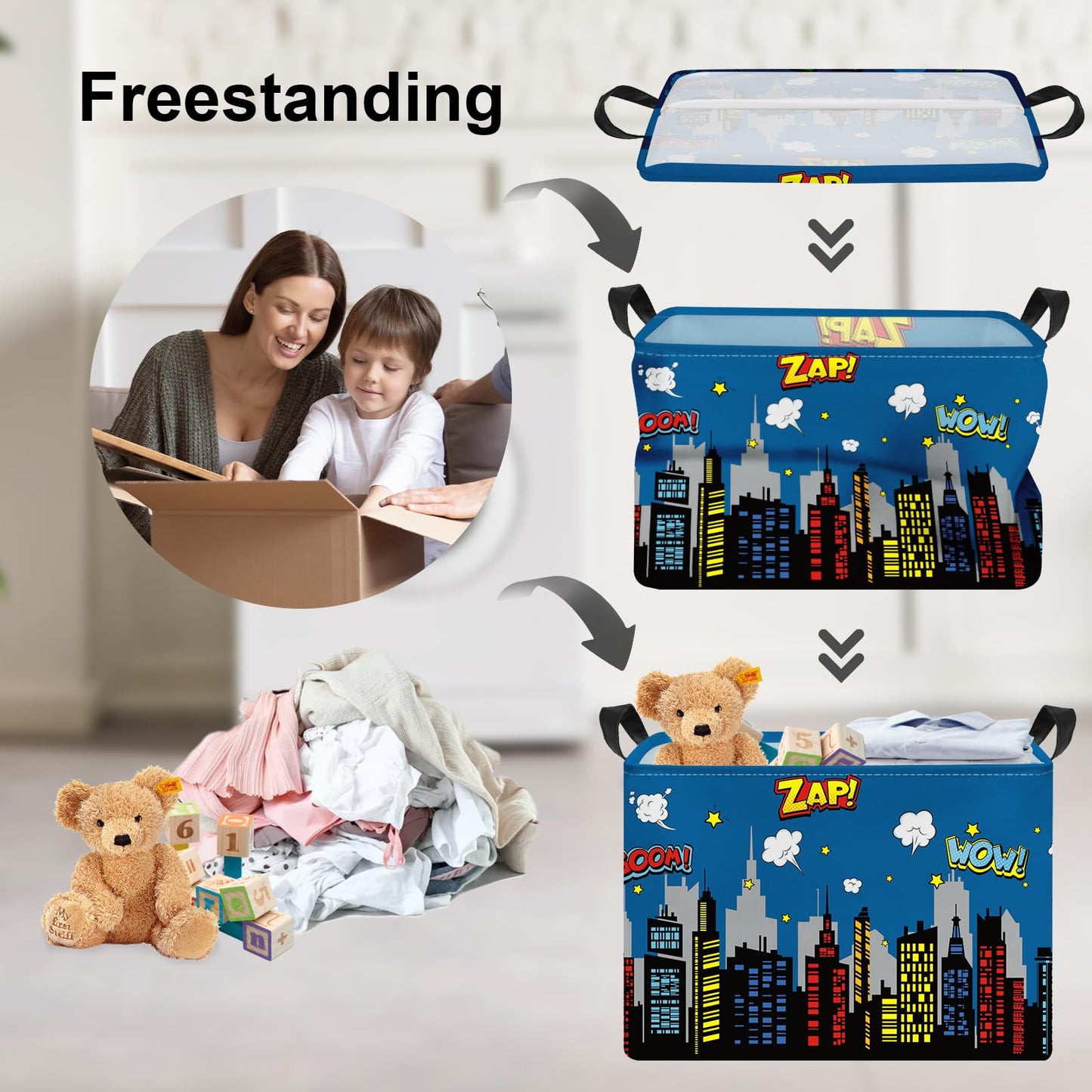 Clastyle 36L Large City Skyline Blue Book Shelf Basket Hero Comic Zap Wow Boom Gift Basket For Kids Room Nursery Rectangle Build