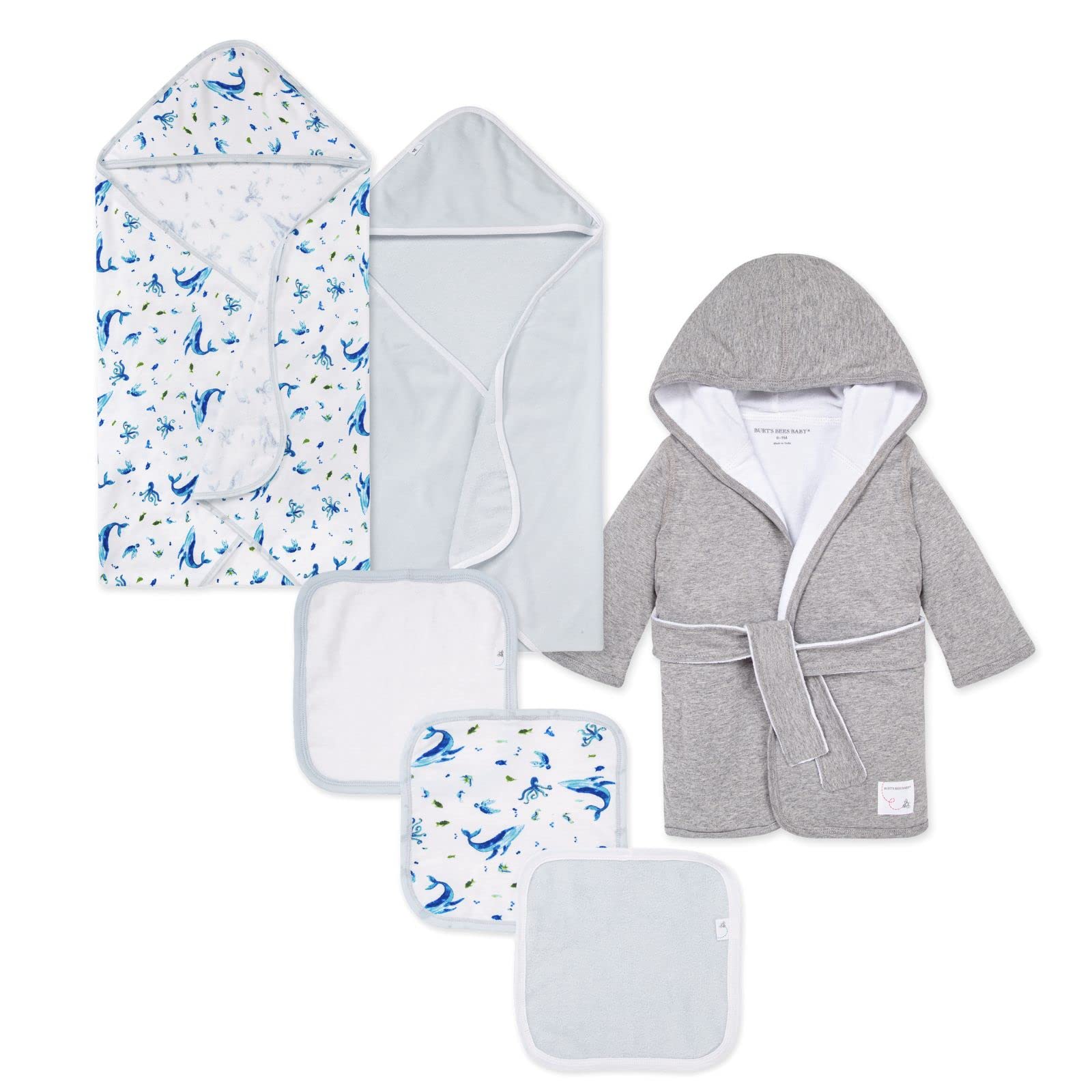 Burts Bees Baby Bath Bundle- Hooded Towel, Washcloths & Robe Gift Set, 100% Organic Cotton