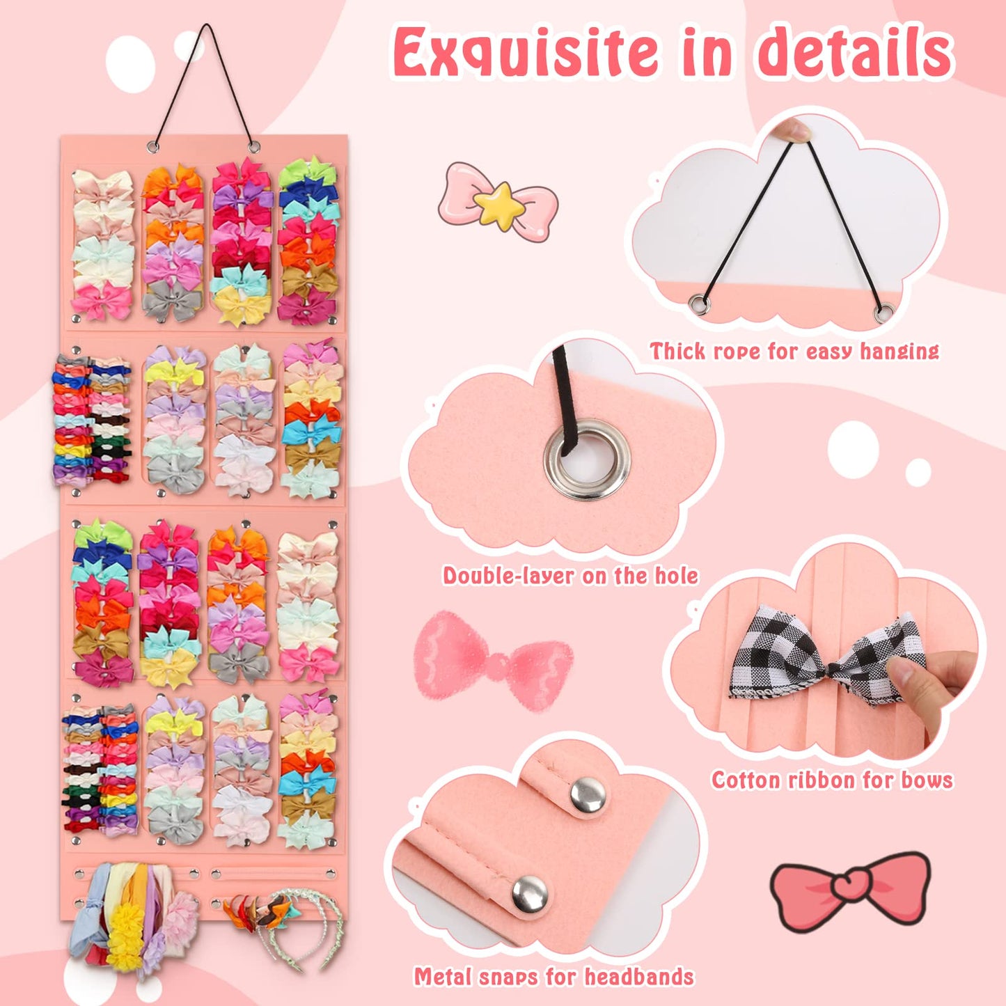 Bow Holder For Girl Hair Bows, Large Capacity Hair Bows Organizer Organized Headband Hair Ties Clip Storage Display With 40 Felt