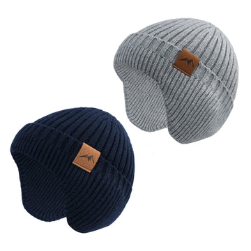 Poximi Baby Boy Winter Hat Toddler Warm Beanie Girl Knit Hats With Earflap Kid Cute Earmuffs (Navy+Grey, 6-24Months)
