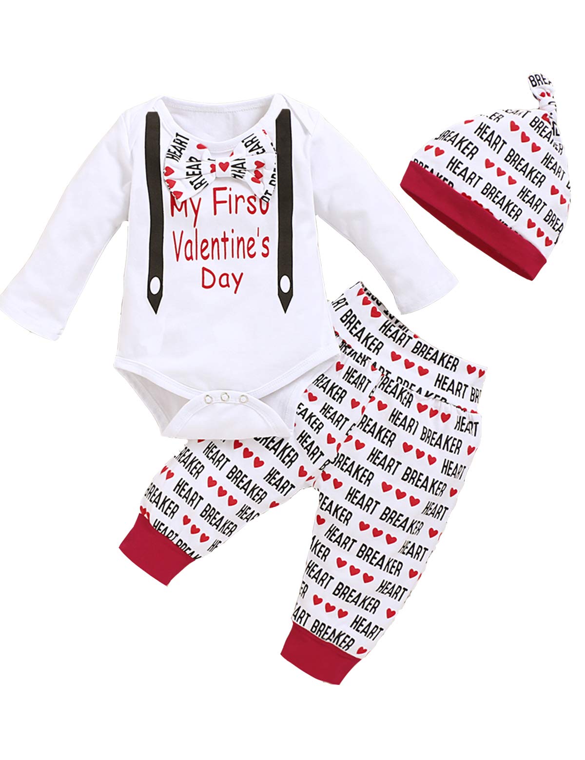Shalofer Baby Boys My First Valentine'S Day Bodysuit Newborn Gentleman Outfit With Hat (White-Valentine,0-3 Months)