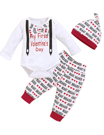 Shalofer Baby Boys My First Valentine'S Day Bodysuit Toddler Gentleman Outfit With Hat (White-Valentine,6-12 Months)