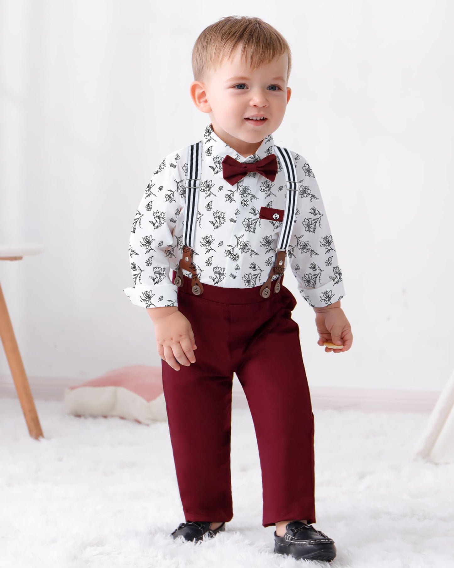 Disaur Toddler Boy Suits Gentleman Wedding Outfits,Formal Dress Shirt+Bowtie +Suspender Pants 12Months-5T(Red,12-18M)