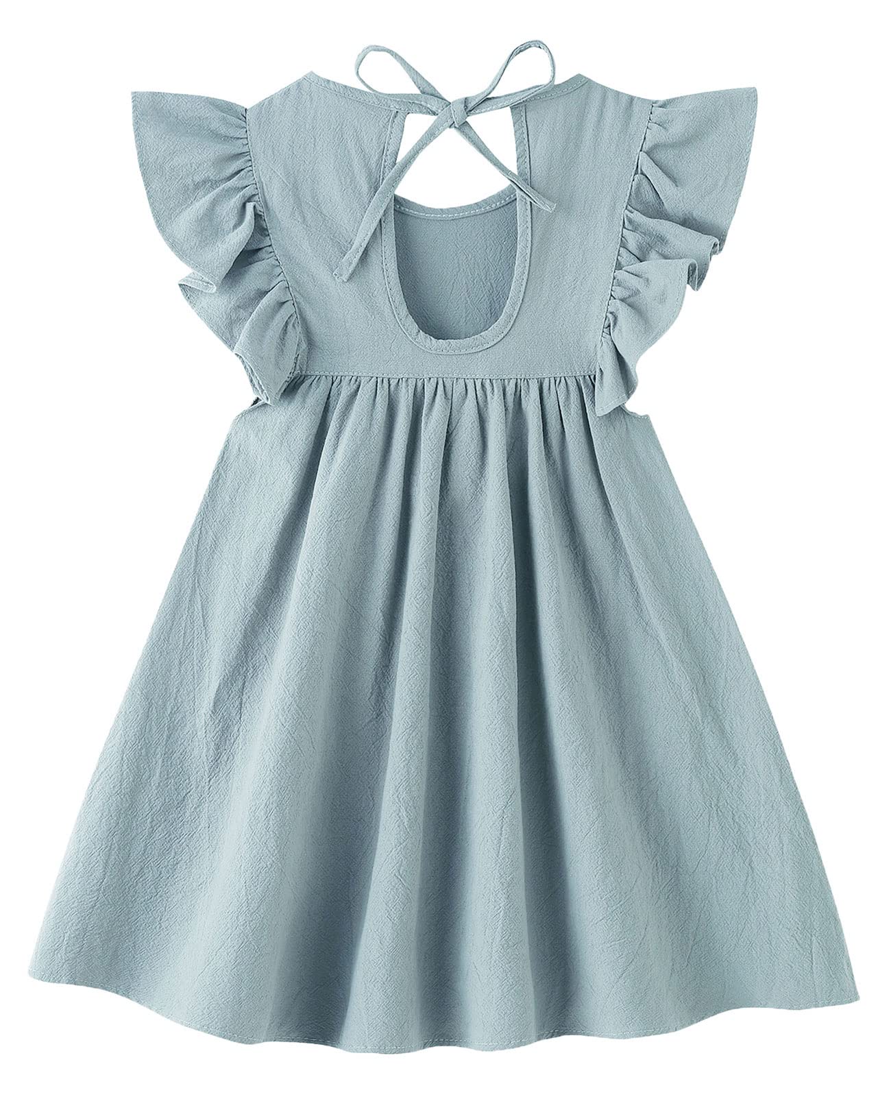 Lyxiof Toddler Baby Girl Cotton Linen Dress Ruffle Sleeve Halter Sleeveless Kids Casual Beach Dresses Blue Green 110Cm