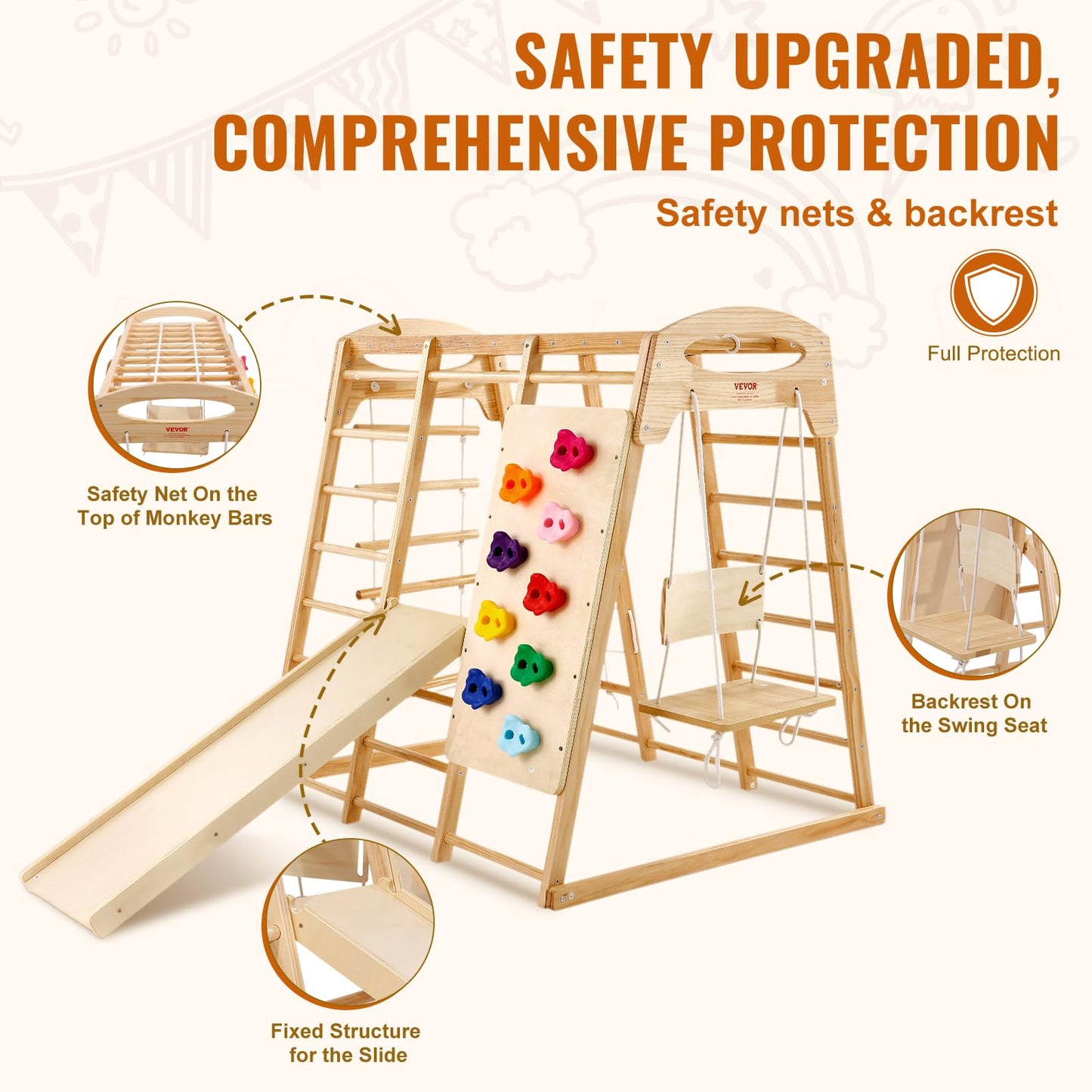 Vevor Medium Size Indoor Playground Jungle Gym, 7-In-1 Toddlers Climber With Wood & Rope Ladder, Net Ladder, Swing, Monkey Bar,