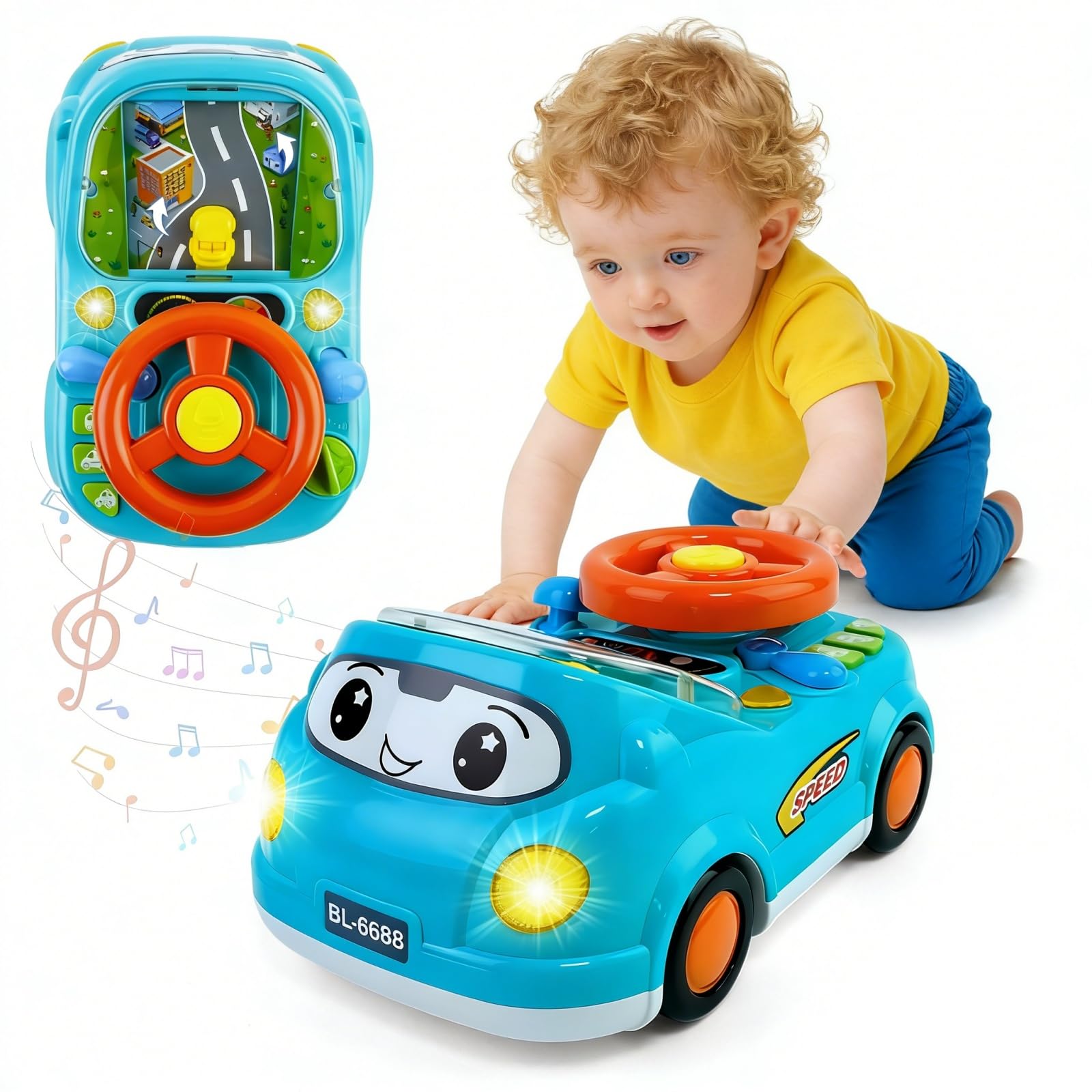DELUTIQUE Toys for 1 + Year Old Boy,Toddler Racing Car Steering Wheel Toy with Sound & Light,Car Toys for Toddlers 1-3,Gift for 