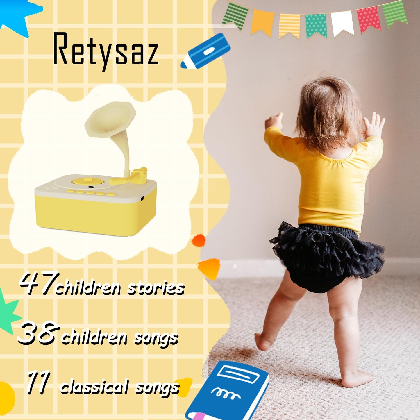 Retysaz Kids Phonograph with 96 Cards, Story Music Player for Kids 3-6 Musical Sensory Toy for boy Girl,Toddler Audio Pre-Kinder