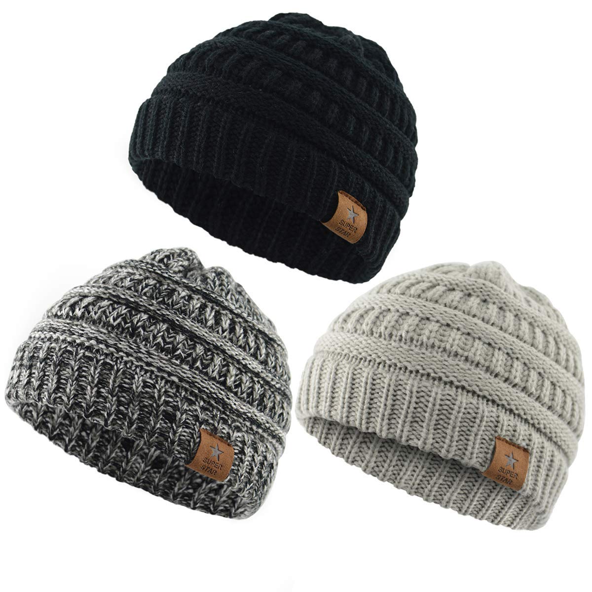 Durio 0-2 Years Warm Winter Baby Beanies For Boys Soft Thick Cozy Knitted Toddler Infant Winter Hat Babies Caps 3 Pack Black & L