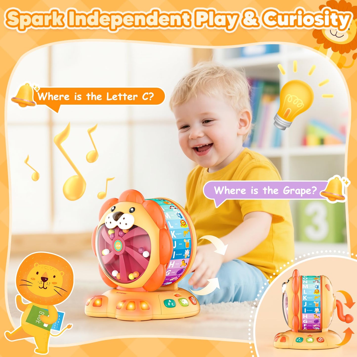 Alphabet Learning Toys for Toddlers 1-2 Year Old, Lion Spin and Sing ABC Letter Interactive Toys with Lights Sound, Musical Educ