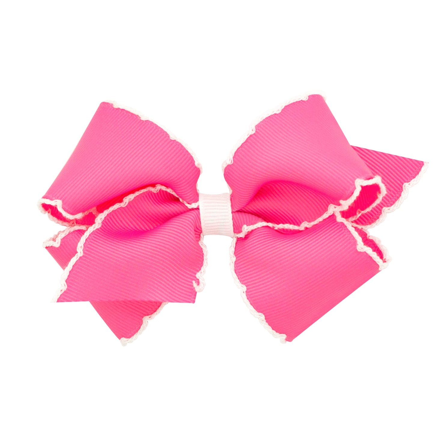 Wee Ones Girls' Grosgrain Hair Bow With Contrasting Moonstitch Edge And Wrap On A Weestay Hair Clip, Small, Hot Pink With White
