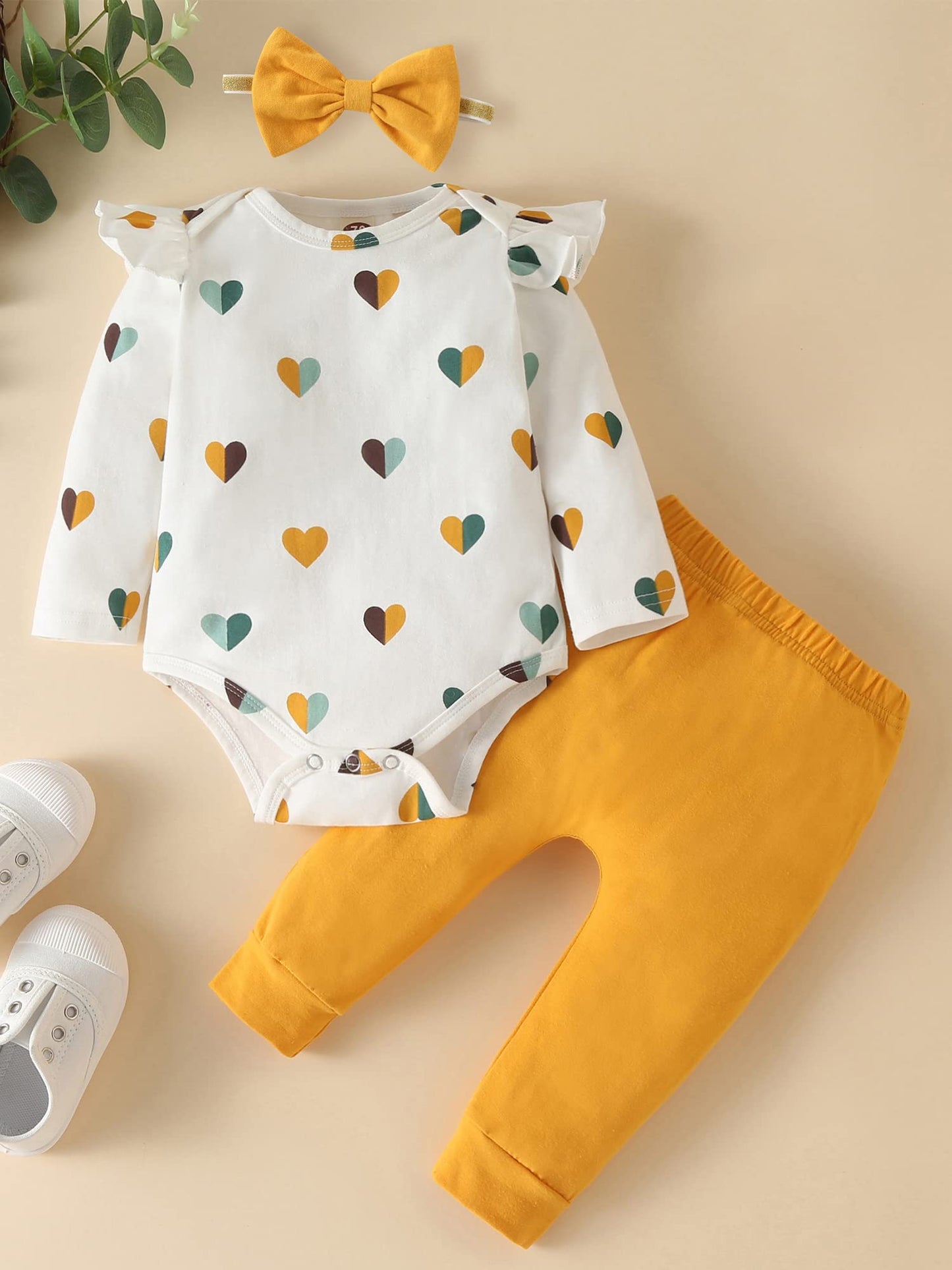 Fullfamous Newborn Baby Girl Clothes Gifts Outfits,Fall Winter Long Sleeve Romper And Pant Set Yellow Heart 0-3 Months